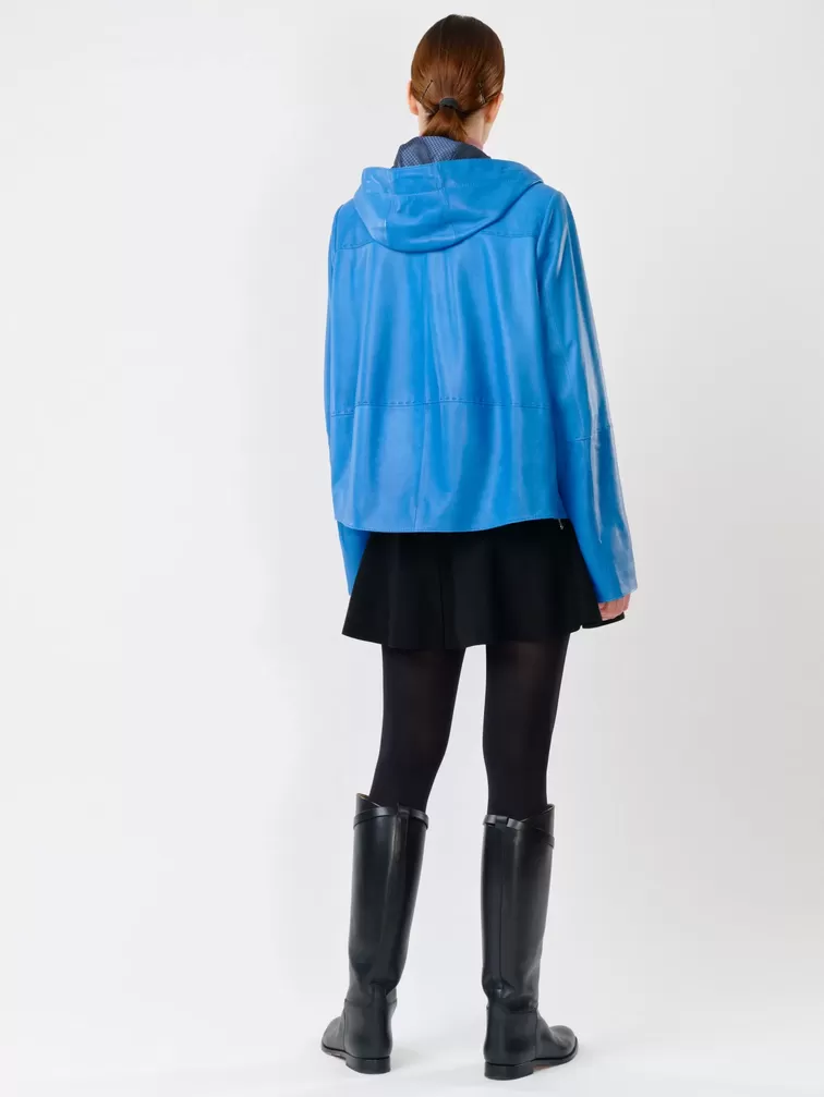 Кожаная куртка женская 308рc, с капюшоном, голубая, р. 46, арт. 91140-4