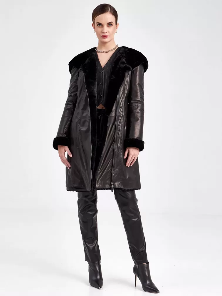 Кожаное пальто зимнее женское 394мех, с капюшоном, черное, р. 50, арт. 91870-1