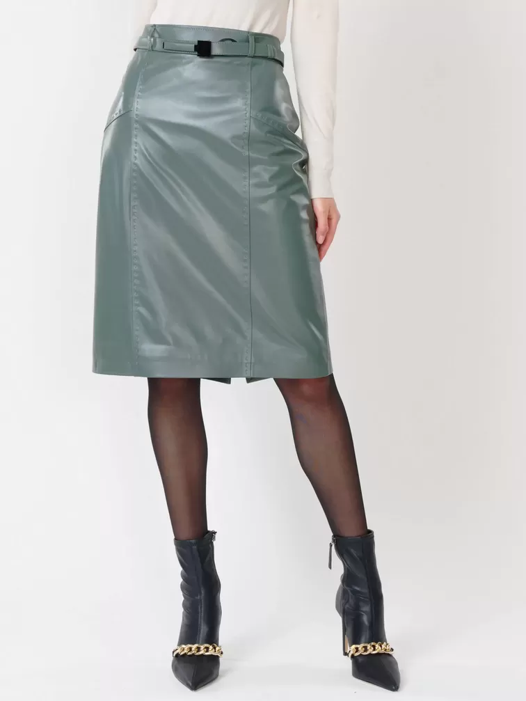 Кожаная юбка-карандаш 02рс, из натуральной кожи, оливковая, р. 44, арт. 85330-5
