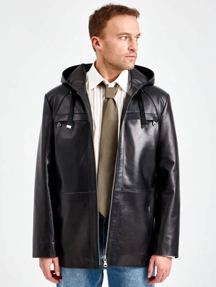 Мужская черная кожаная куртка с капюшоном премиум класса 552, размер 48, артикул 29840-4