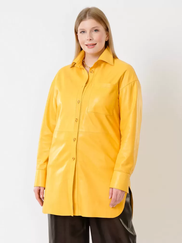Кожаная рубашка женская 01_2, с поясом, из натуральной кожи, желтая, р. 44, арт. 91402-6