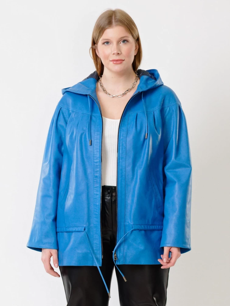 Кожаная женская куртка с капюшоном 303у, голубая, размер 54, артикул 91201-2