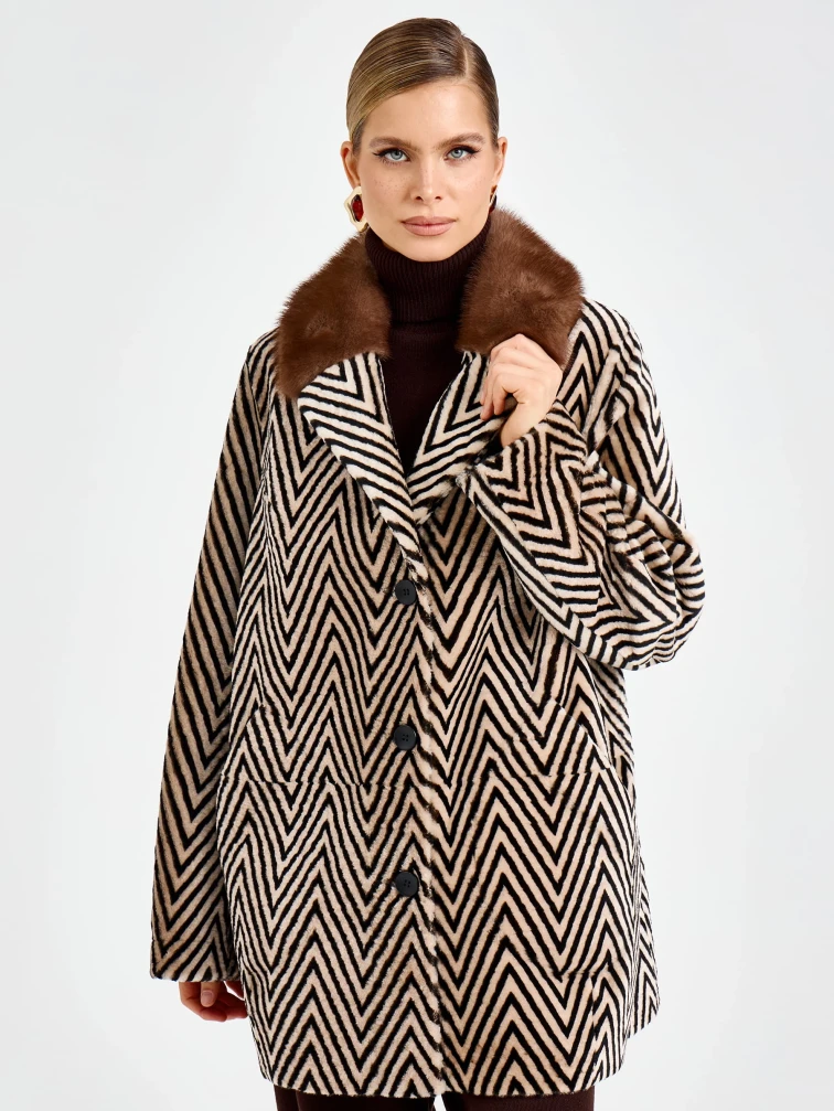 Женская дубленка с норковым воротником 2087, бежевая, размер 48, артикул 92740-6