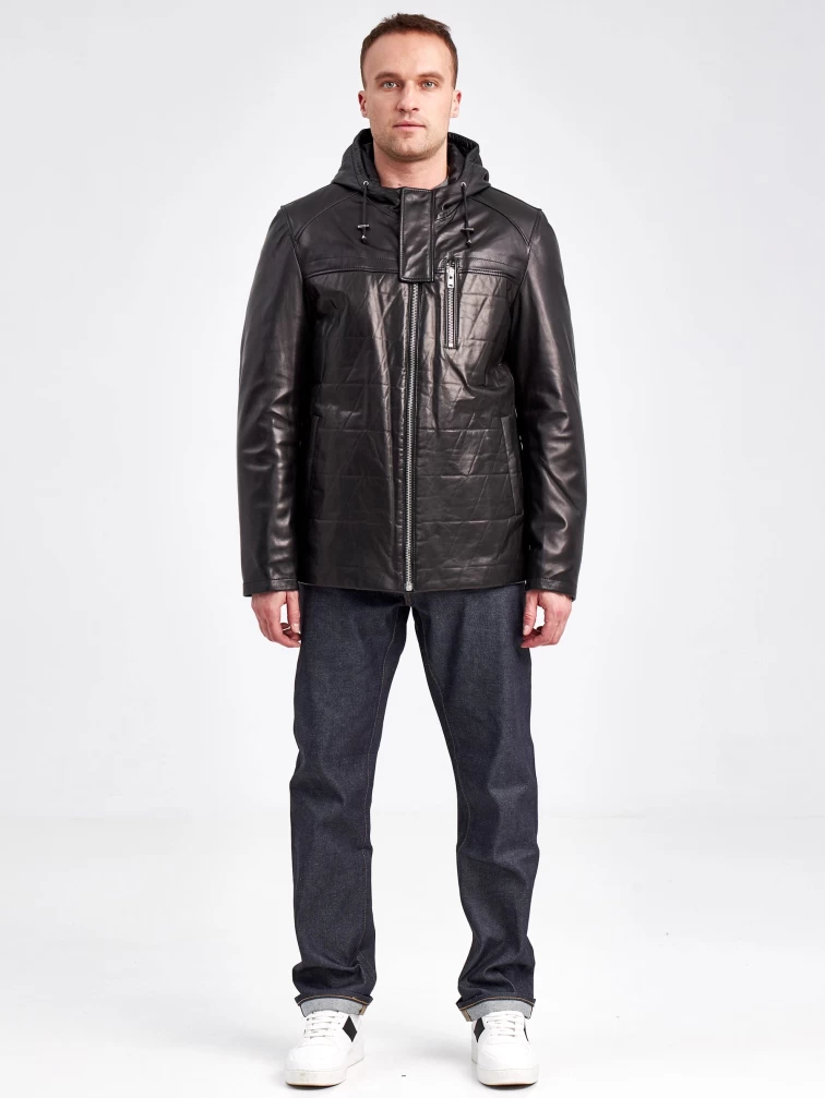 Кожаная куртка мужская 5488, с капюшоном, черная, р. 52 , арт. 41020-5
