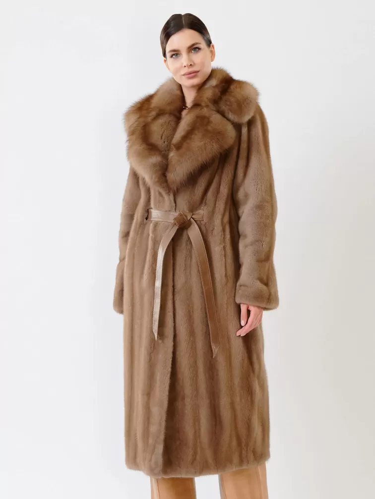 Пальто из меха норки с соболем женское 19009(ав), длинное, пастельное, р. 52, арт. 32680-1