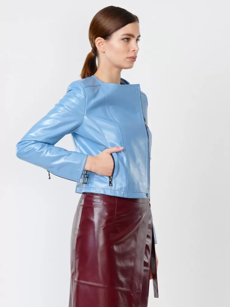 Кожаный комплект женский: Куртка 389 + Юбка-миди 07, голубой/бордовый, р. 42, арт. 111112-5