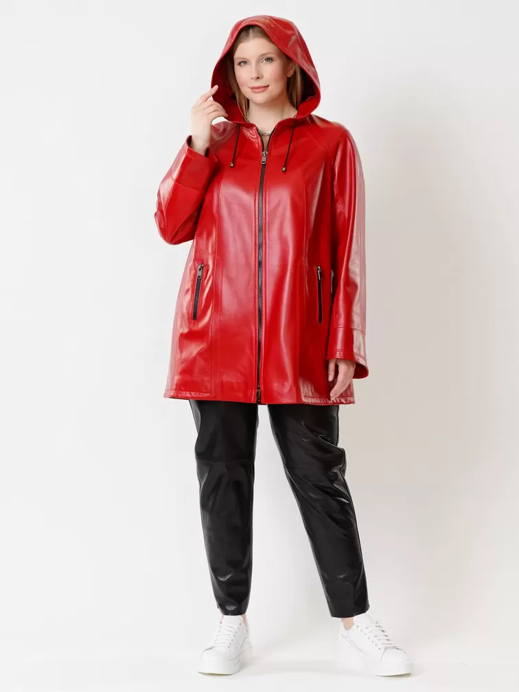 Кожаная куртка женская 383, с капюшоном, красная, р. 50, арт. 91311-3