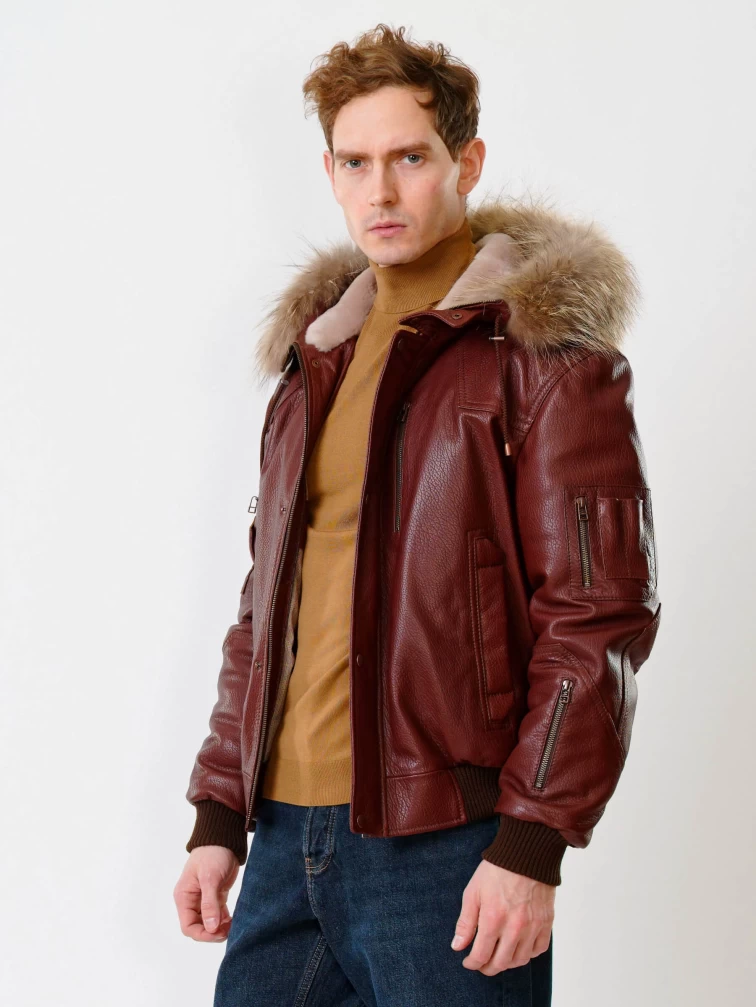Кожаная мужская куртка аляска утепленная с мехом енота 509, виски, размер 48, артикул 40190-0