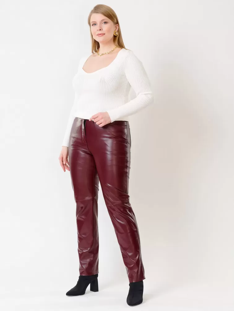 Кожаные зауженные брюки женские 02, из натуральной кожи, бордовые, р. 42, арт. 85490-0