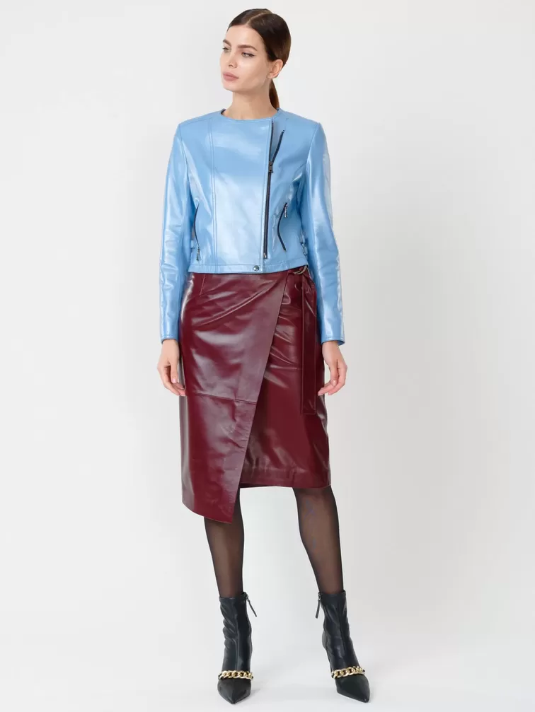 Кожаный комплект: Куртка женская 389 + Юбка-миди с запахом 07, голубой/бордовый, р. 42, арт. 111112-6