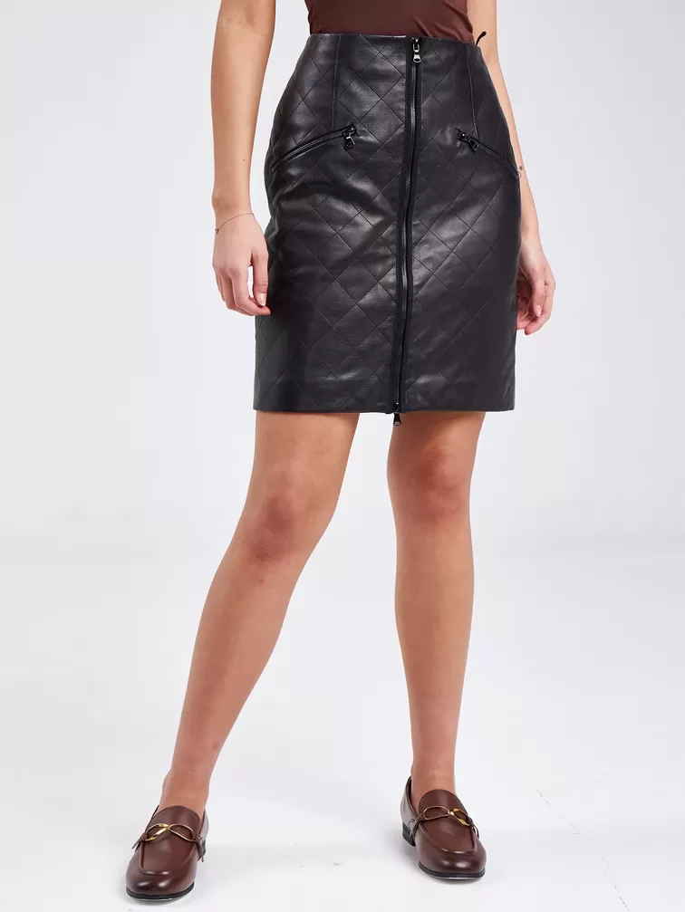 Кожаная юбка стеганная мини премиум класса женская 12, из натуральной кожи, черная, р. 42, арт. 85940-4