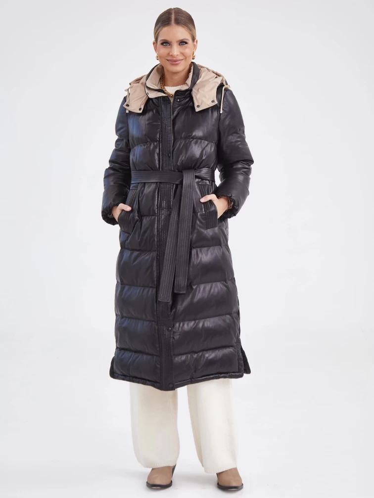 Черное кожаное пальто с капюшоном премиум класса женское 3024, размер 44, артикул 25420-5