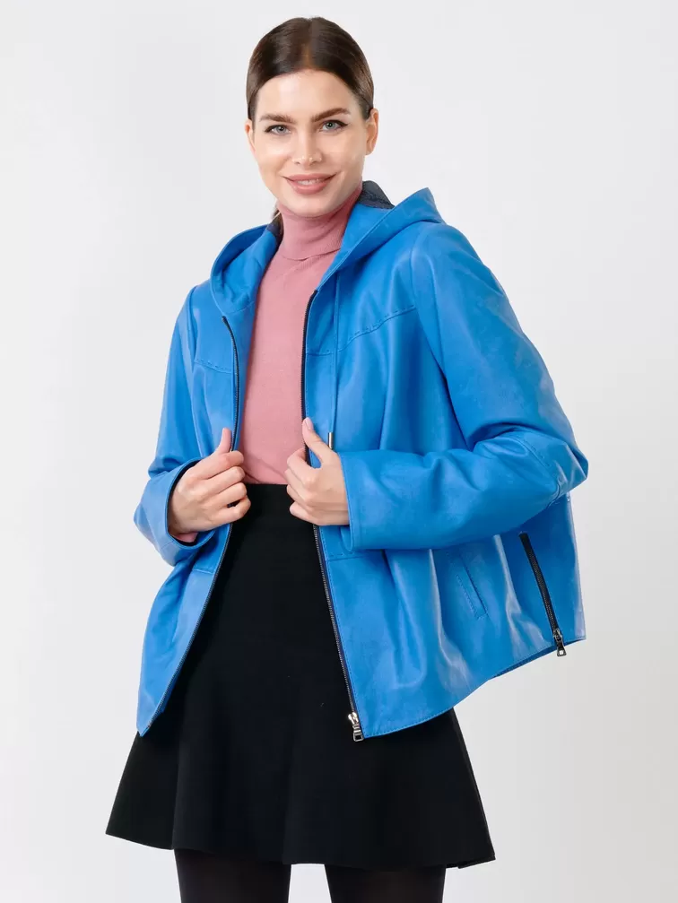 Кожаная куртка женская 308рc, с капюшоном, голубая, р. 46, арт. 91140-0