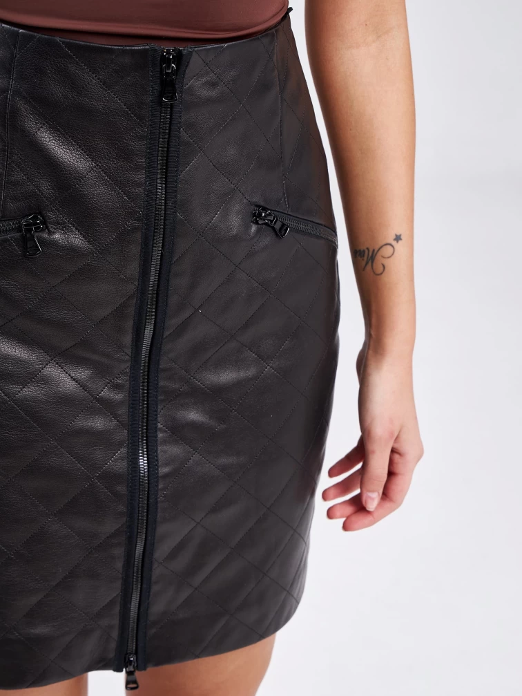 Кожаная женская стеганная мини юбка из натуральной кожи премиум класса 12, черная, размер 42, артикул 85940-6