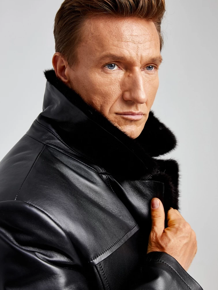 Мужское зимнее кожаное пальто с норковым воротником премиум класса 533мех, черное, размер 50, артикул 71061-5
