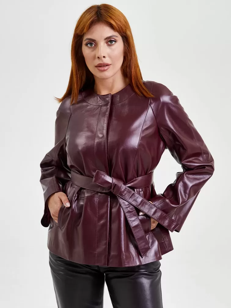 Кожаный комплект женский: Куртка 3019 + Брюки 04, бордовый/черный, р. 48, арт. 111171-5