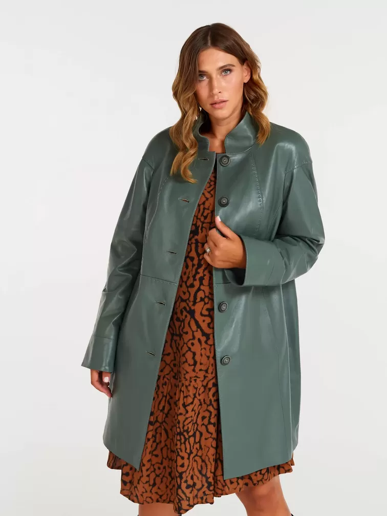 Кожаное пальто женское 378, оливковое, р. 48, арт. 60561-0