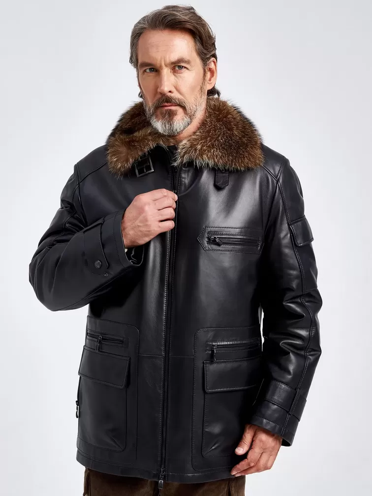 Кожаная куртка зимняя мужская 514мех, с воротником меха енота, черная, p. 54, арт. 40760-0