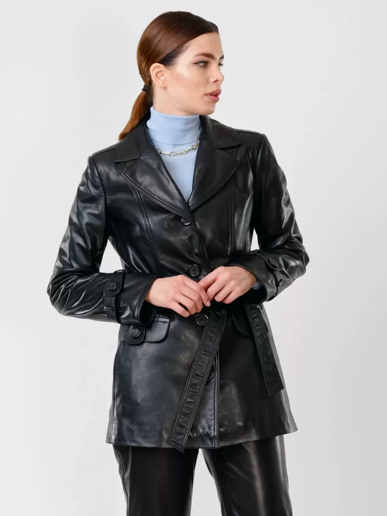 Кожаная утепленная куртка женская 372ш, с мехом енота, черная, р. 44, арт. 23650-2