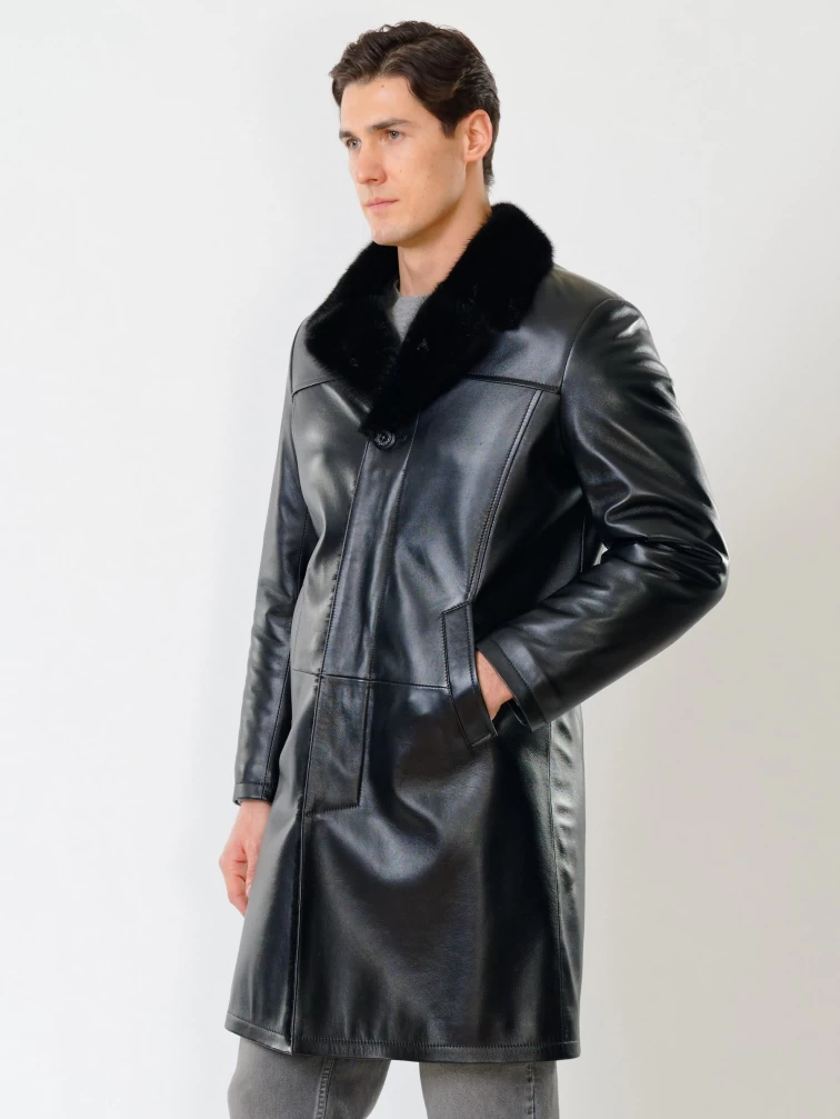 Мужское зимнее кожаное пальто с норковым воротником премиум класса 533мех, черное, размер 50, артикул 71060-6