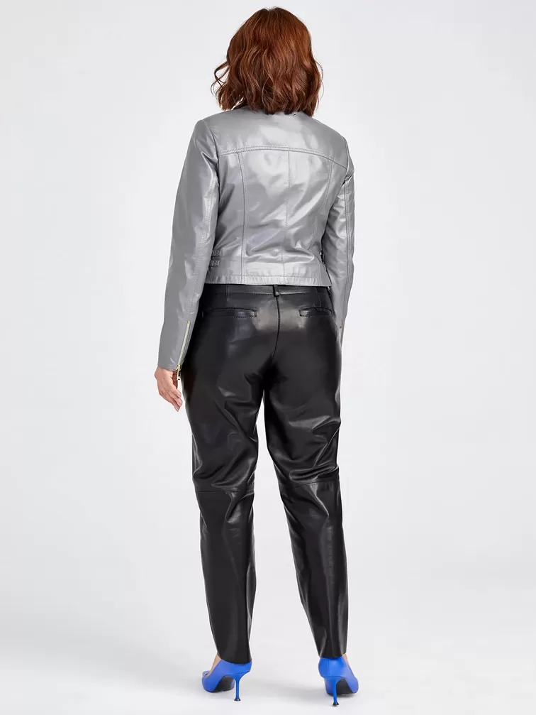 Кожаный комплект: Куртка женская 389 + Брюки женские 03, серый/черный, размер 42, артикул 111116-1