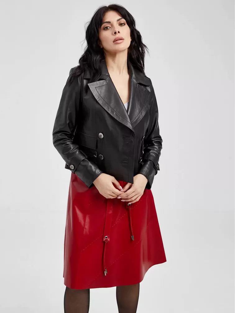 Кожаный двубортный пиджак женский 3014, черный, р. 46, арт. 91571-2