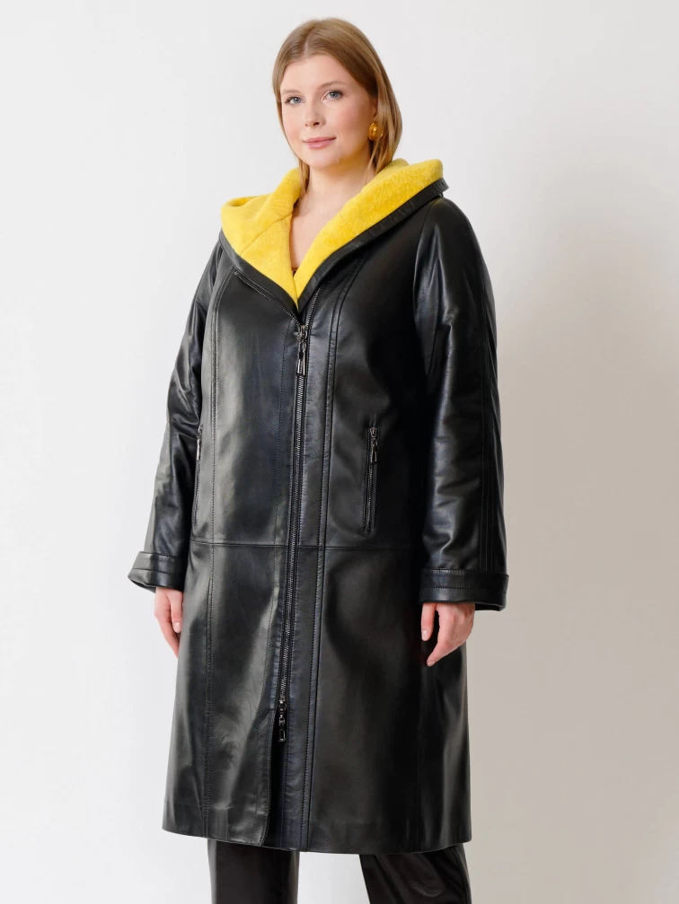 Кожаный утепленный женский плащ с капюшоном 3011, черный, размер 48, артикул 91490-3