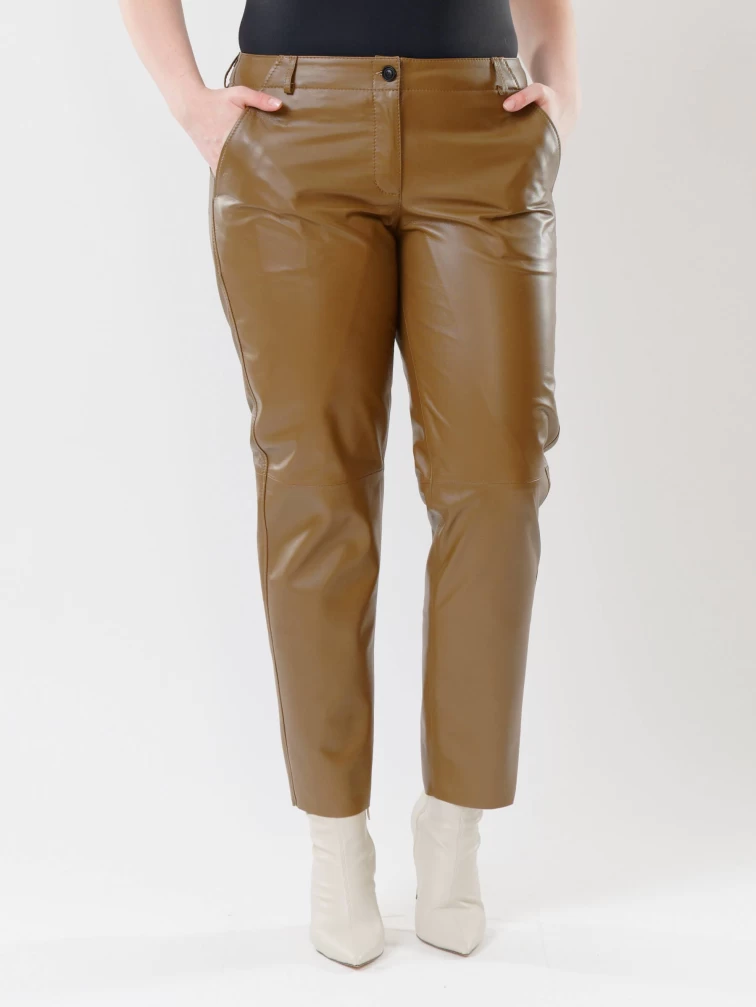 Кожаные зауженные женские брюки из натуральной кожи 03, серо-коричневые, размер 46, артикул 85521-5