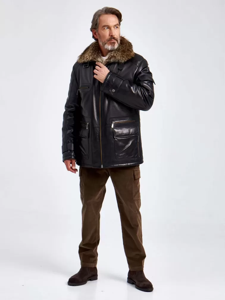Кожаная куртка зимняя мужская 514, с воротником меха енота, черная, p. 56, арт. 40750-2