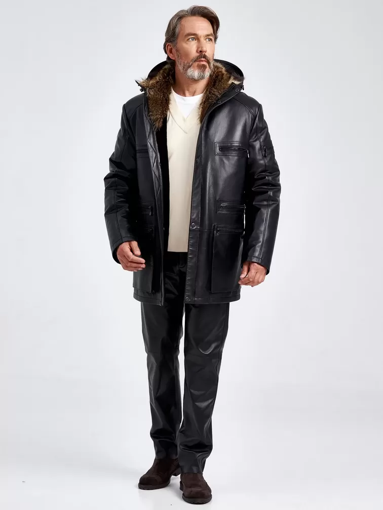 Кожаная куртка зимняя премиум класса мужская 513мех, на подкладке из овчины, черная, p. 54, арт. 41740-1