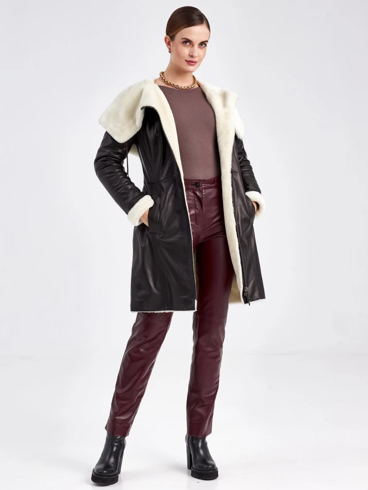 Кожаное пальто зимнее женское 390мех, с капюшоном, черно-белое, р. 50, арт. 91810-5