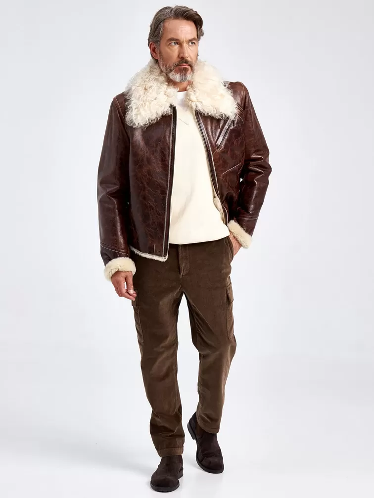 Кожаная куртка зимняя мужская 161, на подкладке из овчины "тиградо", коричневая, p. 52, арт. 70690-1
