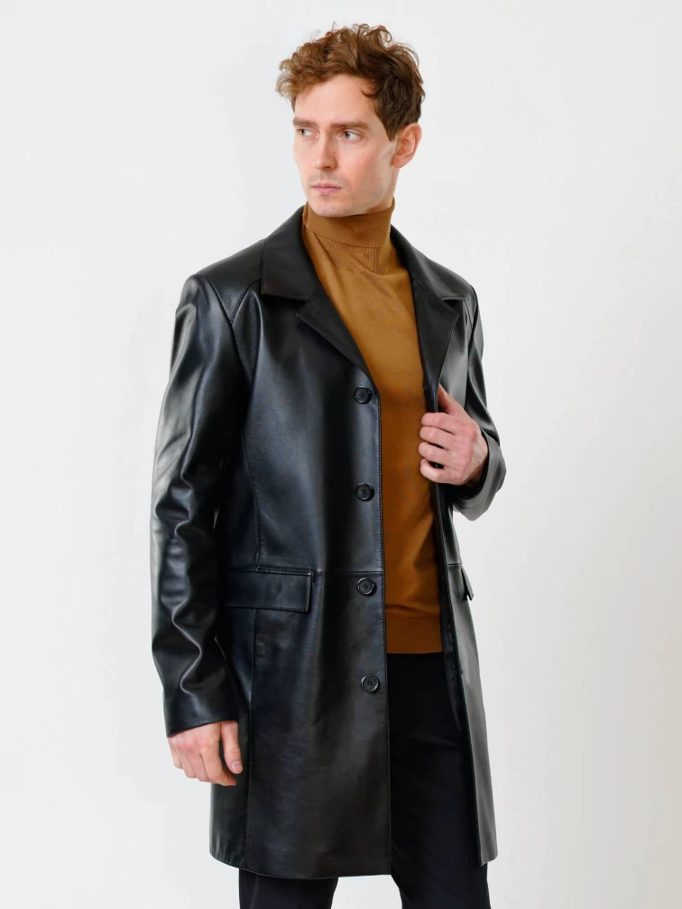 Кожаный пиджак удлиненный мужской 539, черный, размер 52, артикул 29550-6