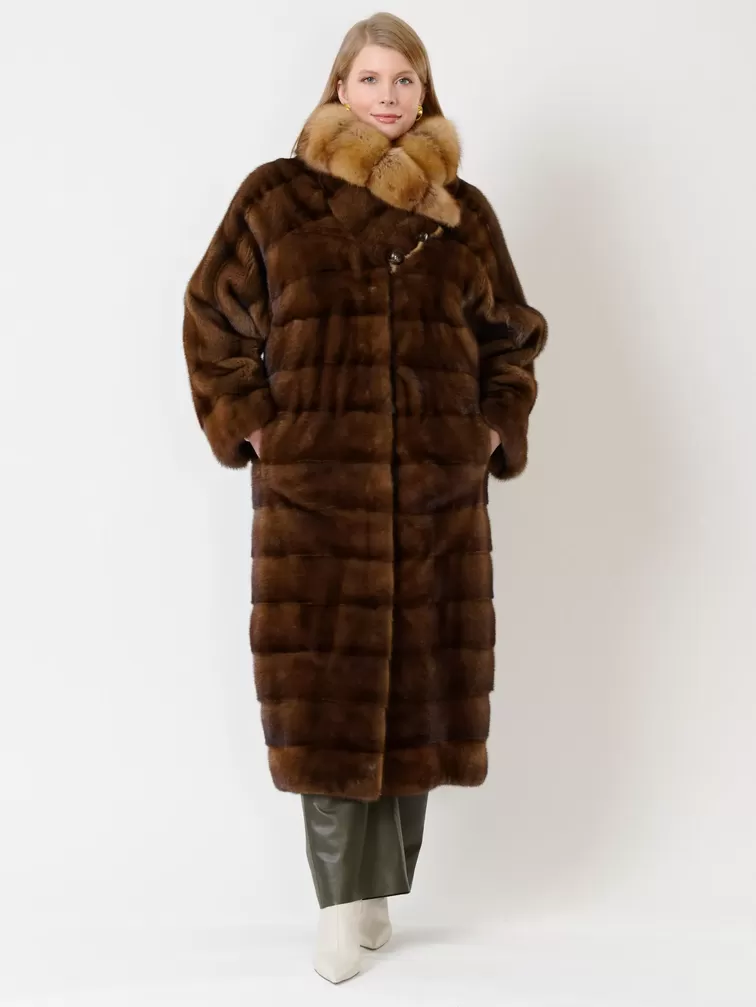 Пальто из меха норки с соболем женское 1150в, длинное, коричневое, арт. 32750-5