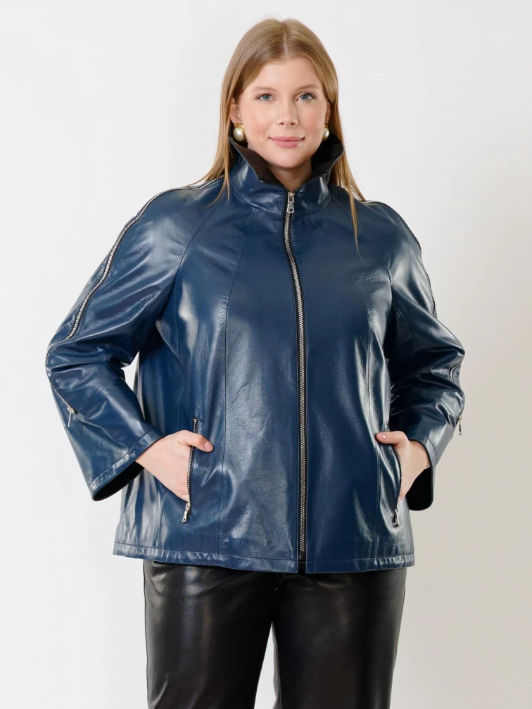 Кожаная женская куртка оверсайз 385, синяя, размер 48, артикул 91341-1