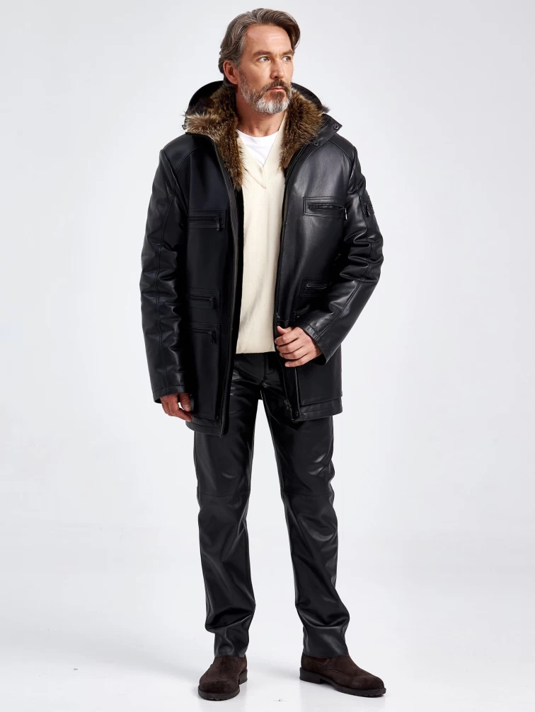 Кожаная куртка зимняя премиум класса мужская 513мех, на подкладке из овчины, черная, размер 54, артикул 41740-5