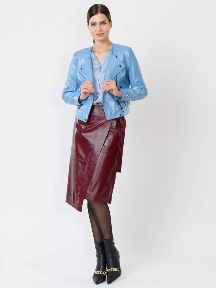 Кожаный комплект женский: Куртка 389 + Юбка-миди 07, голубой/бордовый, р. 42, арт. 111112-0