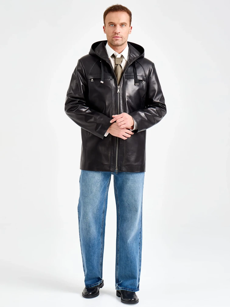 Мужская черная кожаная куртка с капюшоном премиум класса 552, размер 48, артикул 29840-7