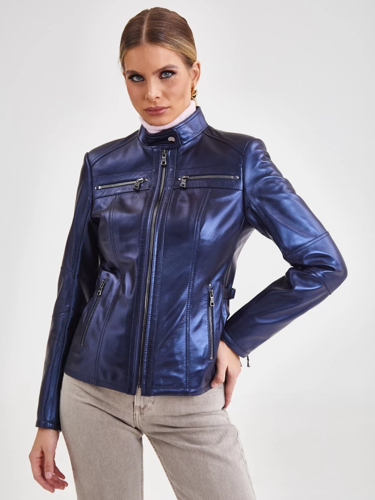 Кожаная утепленная женская куртка 301ш, синий перламутр, размер 44, артикул 23680-3