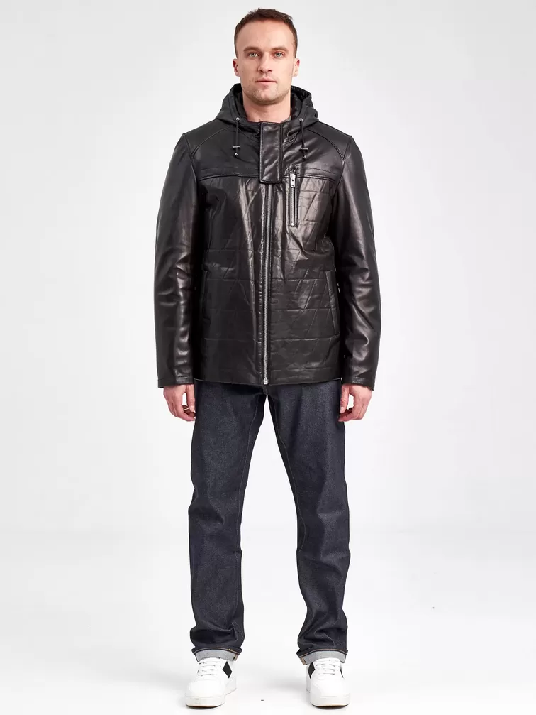 Кожаная куртка мужская 5488, с капюшоном, черная, р. 52 , арт. 41020-5