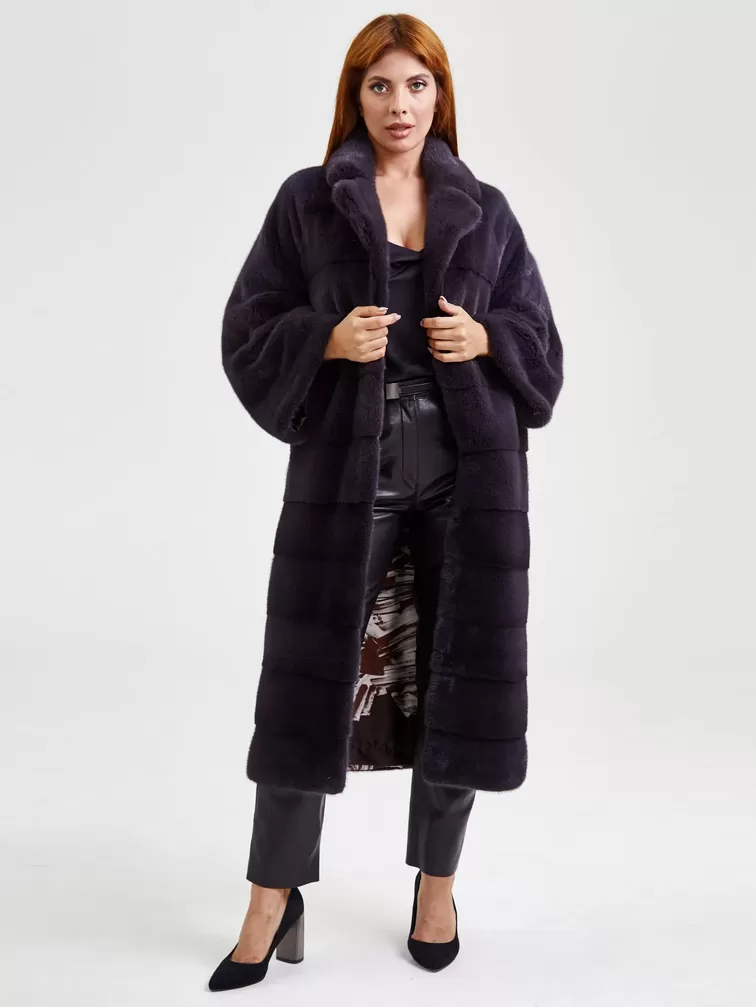 Демисезонный комплект: Пальто из меха норки 18А182АВ + Брюки женские 03, баклажановый/черный, р. 48, арт. 111237-1
