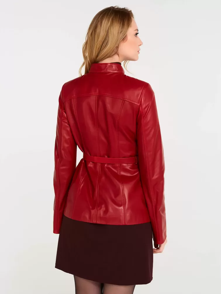 Кожаная куртка женская 320нв, с поясом, красная, р. 42, арт. 90620-4