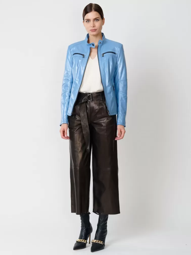 Кожаный комплект: Куртка женская 301 + Брюки женские 05, голубой перламутр/черный, р. 44, арт. 111167-6