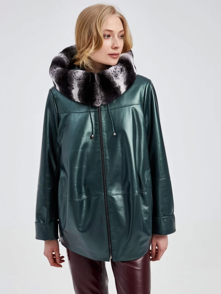 Кожаная женская куртка с капюшоном и мехом "рекса" 308уш, зеленый, размер 54, артикул 40500-5