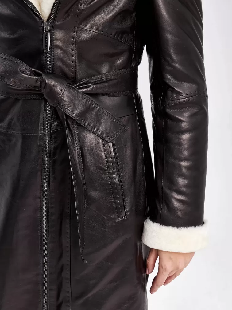 Кожаное пальто зимнее женское 394мех, с капюшоном, черное / белое, р. 46, арт. 91880-4