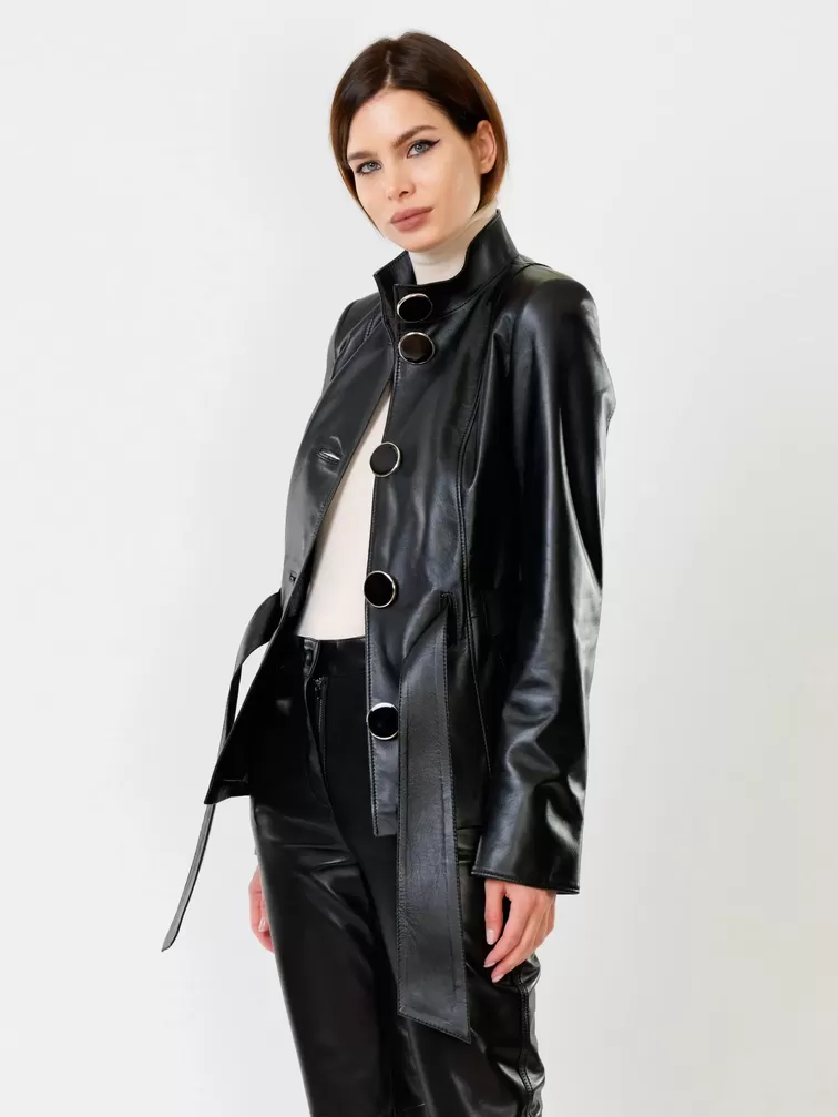 Кожаная куртка женская 334, с поясом, черная, р. 40, арт. 91101-1