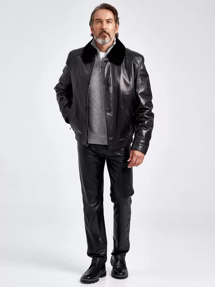 Кожаная куртка зимняя мужская 4816, воротник с мехом норки, черная, p. 46, арт. 40560-1