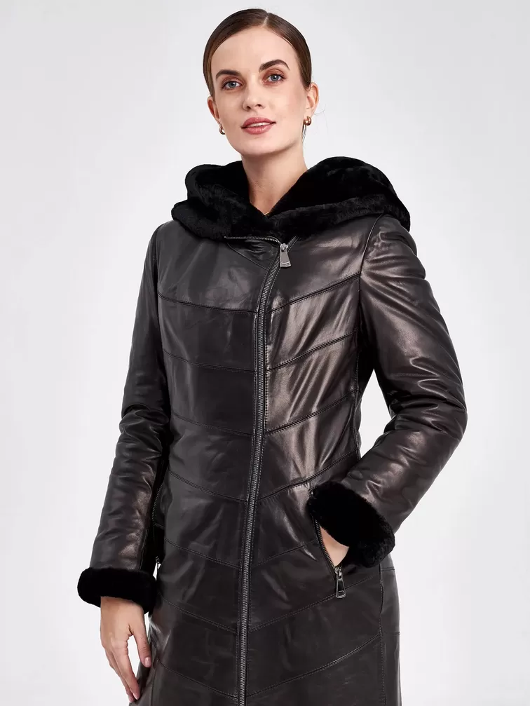 Кожаное пальто зимнее женское 391мех, с капюшоном, черное, р. 46, арт. 91820-0