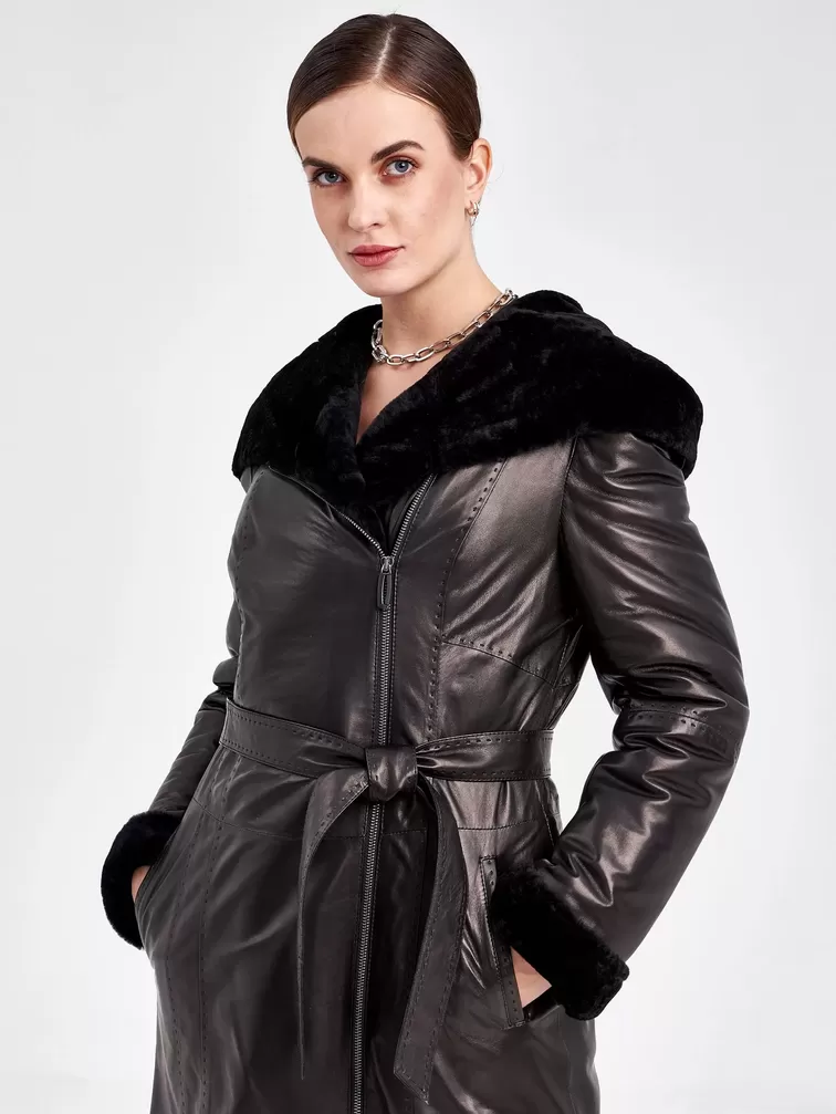 Кожаное пальто зимнее женское 394мех, с капюшоном, черное, р. 50, арт. 91870-0