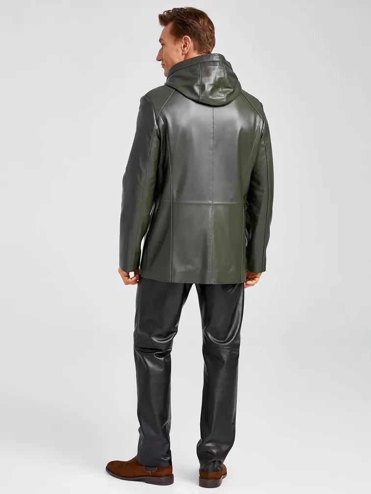 Кожаная куртка премиум класса мужская 552, с капюшоном, оливковая, р. 48, арт. 28892-4